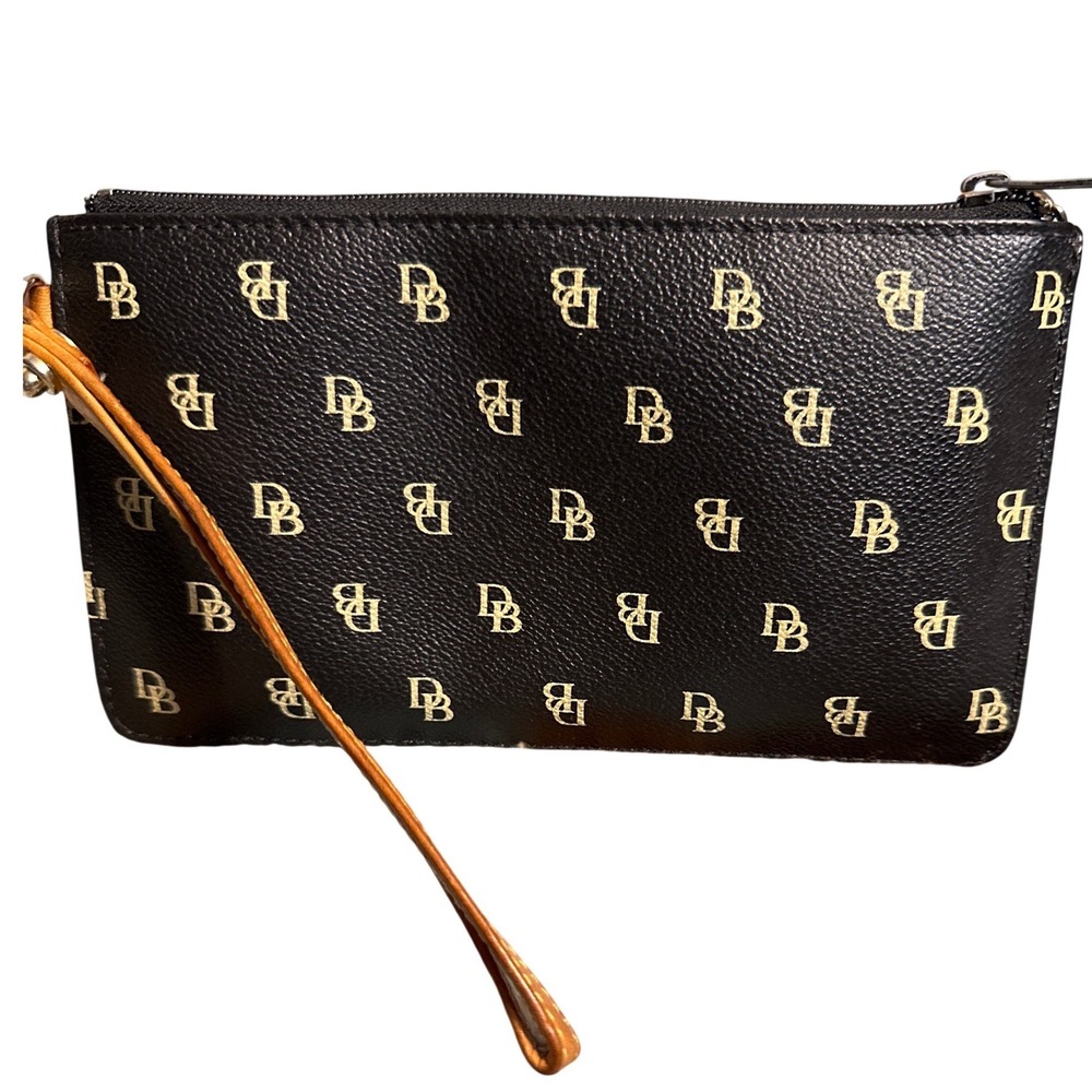 Dooney & Bourke Monogram Wristlet Clutch Black Coated Canvas DB Logo Key Ring